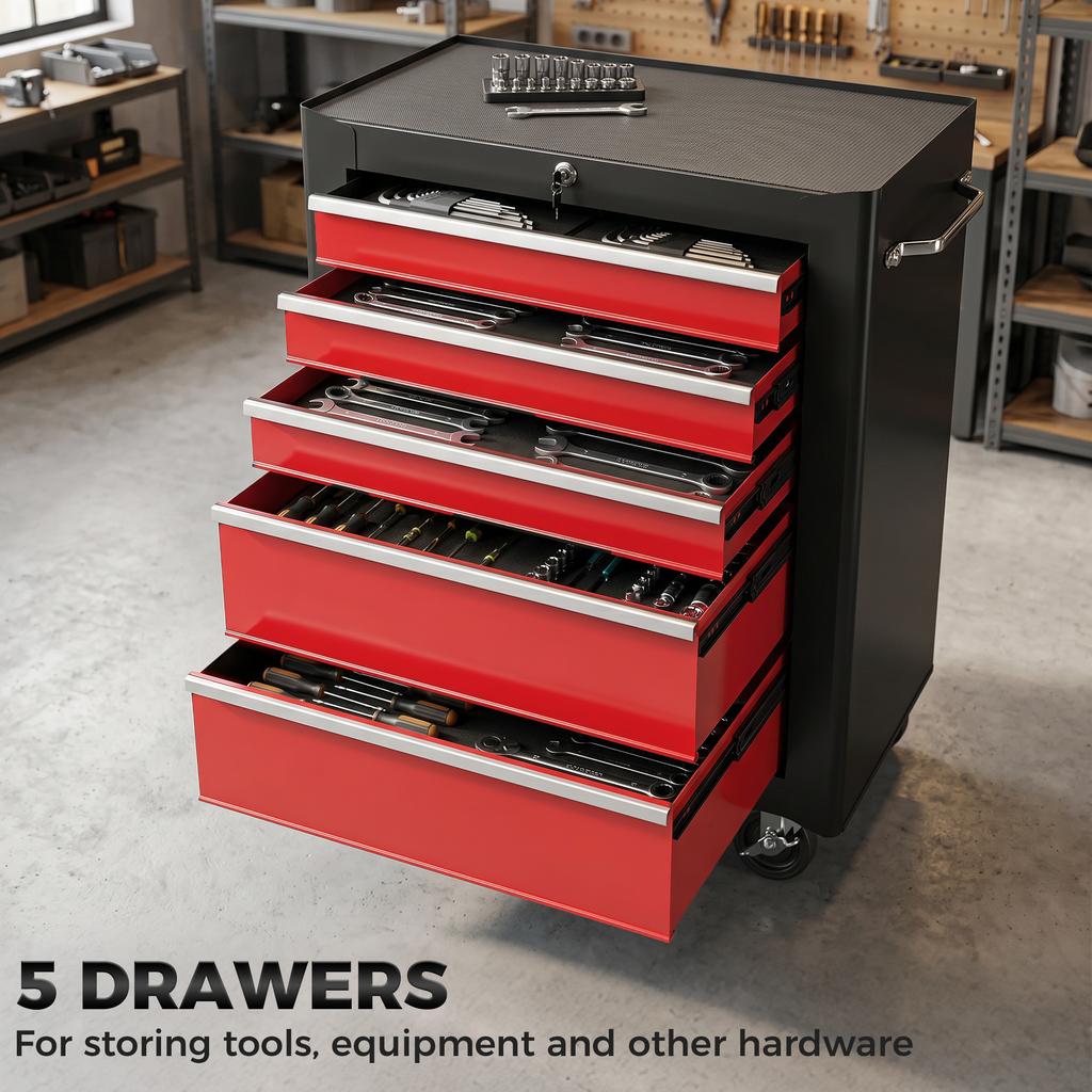 5 Drawer Tool Chest Lockable Steel Tool Storage Cabinet With Wheels And Handle Tool Box For Garage Workshop Red