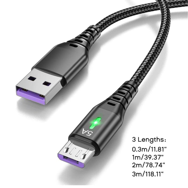 5A Micro USB Cable Fast Charging Phone USB Wire Cord Green LED Lighting USB Charger Data Cable 0.3/1/2/3M