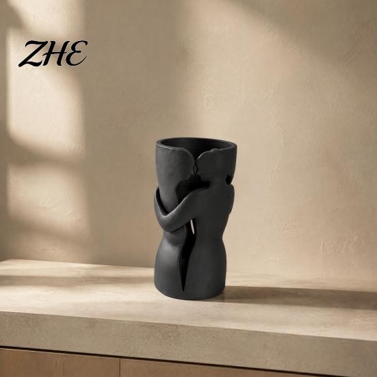 Creative Artistic Hollow Vase Couple Embracing Abstract Vase, Matte Black Decorative Sculpture, Modern Style Flower Vessel for Bedroom Living