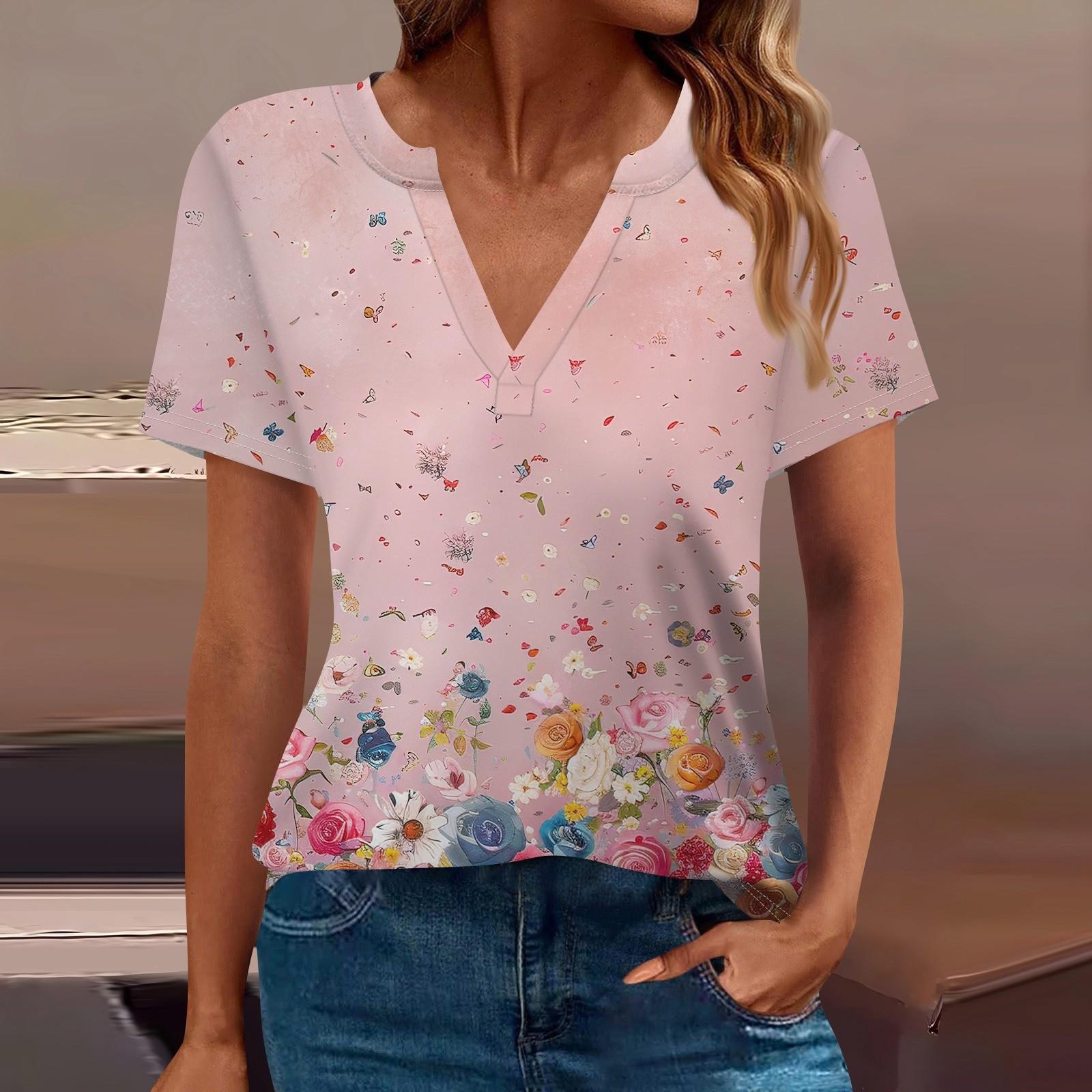 

Женская футболка Футболка с принтом с коротким рукавом Повседневные выходные Мода Базовый топ с V-образным вырезом Обычный топ L розовый