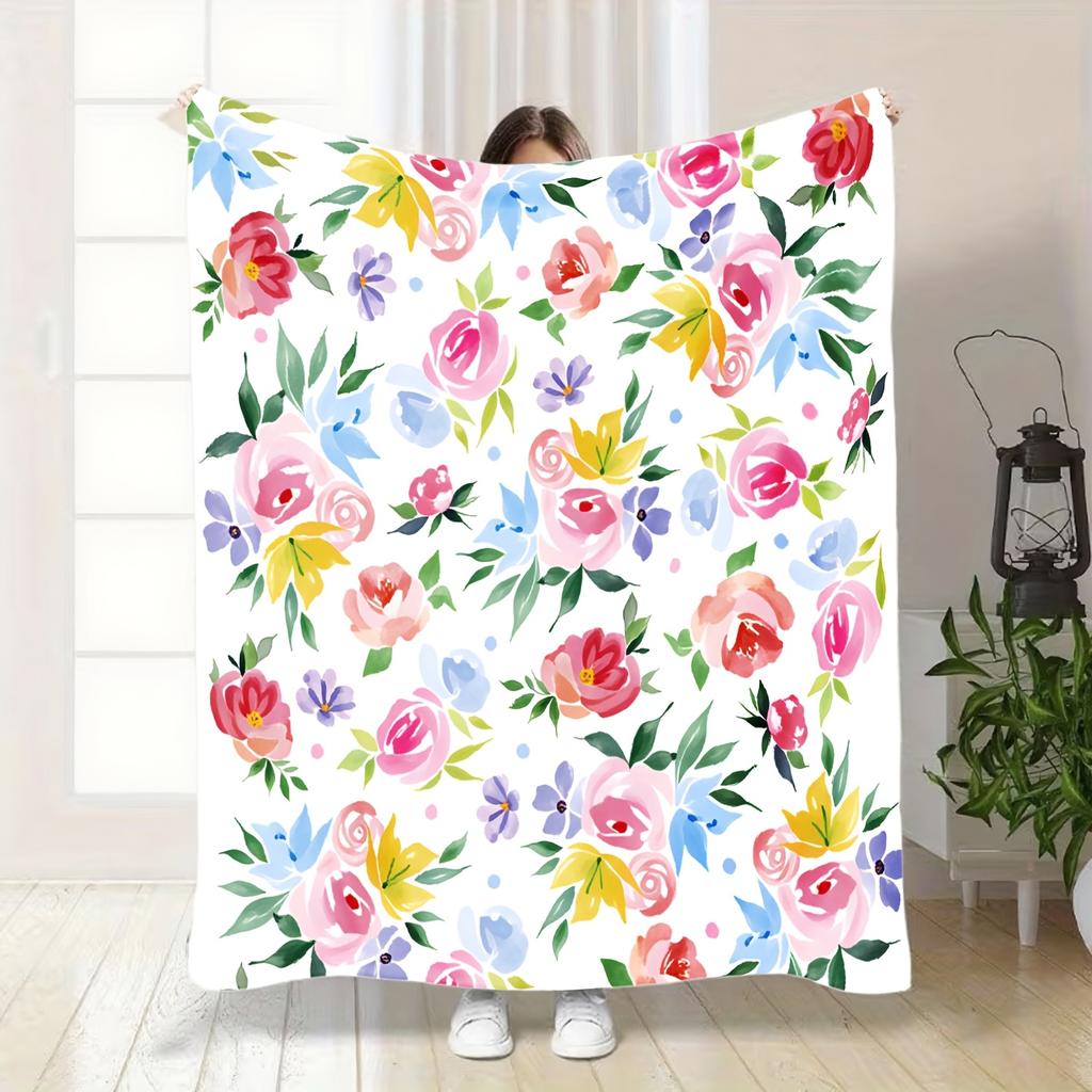 Watercolor Floral Flannel Throw, Vibrant Rose Peony Design Soft for Sofa Use, Perfect Spring Summer Gift for Anyone