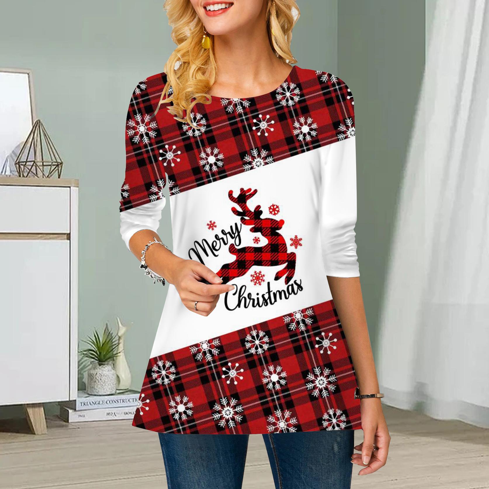 

Плюс Размер Женский Цветочный Рождественский Принт Круглый Вырез Повседневный Свободный Длинный Рукав Топ 8XL