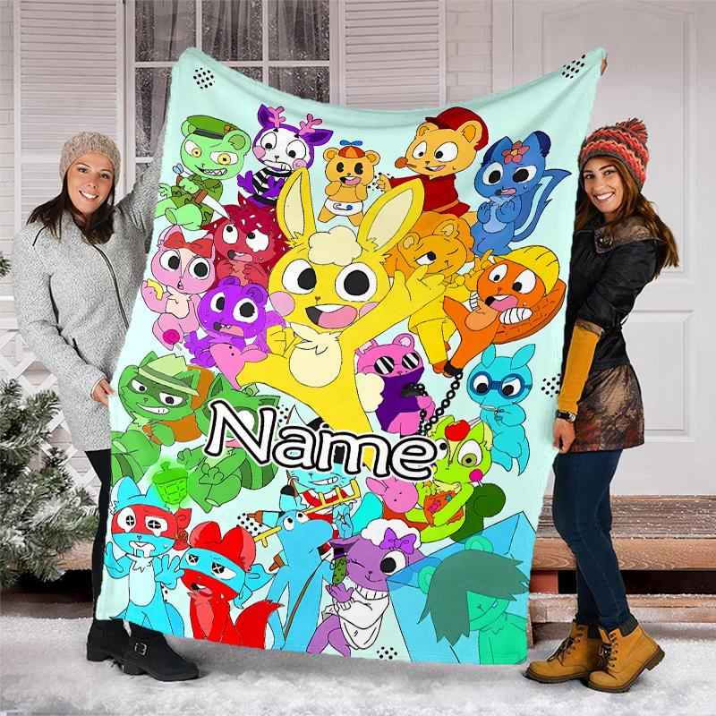 Personalisierte Decke mit individuellem Namen - Happy Tree Friends Druckdesign, Decke für Sofa, Bett, Reisen, Camping - Weich und Warm, Tolles Geschenk