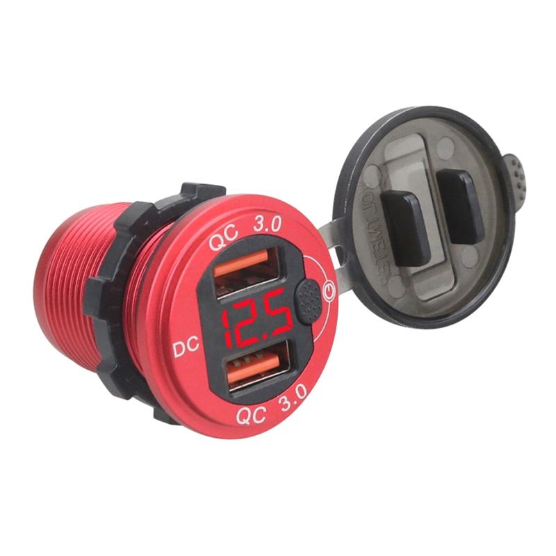 Dual QC3.0 Port USB Car Charger Adapter12-24V with Voltmeter ON/Off Switch