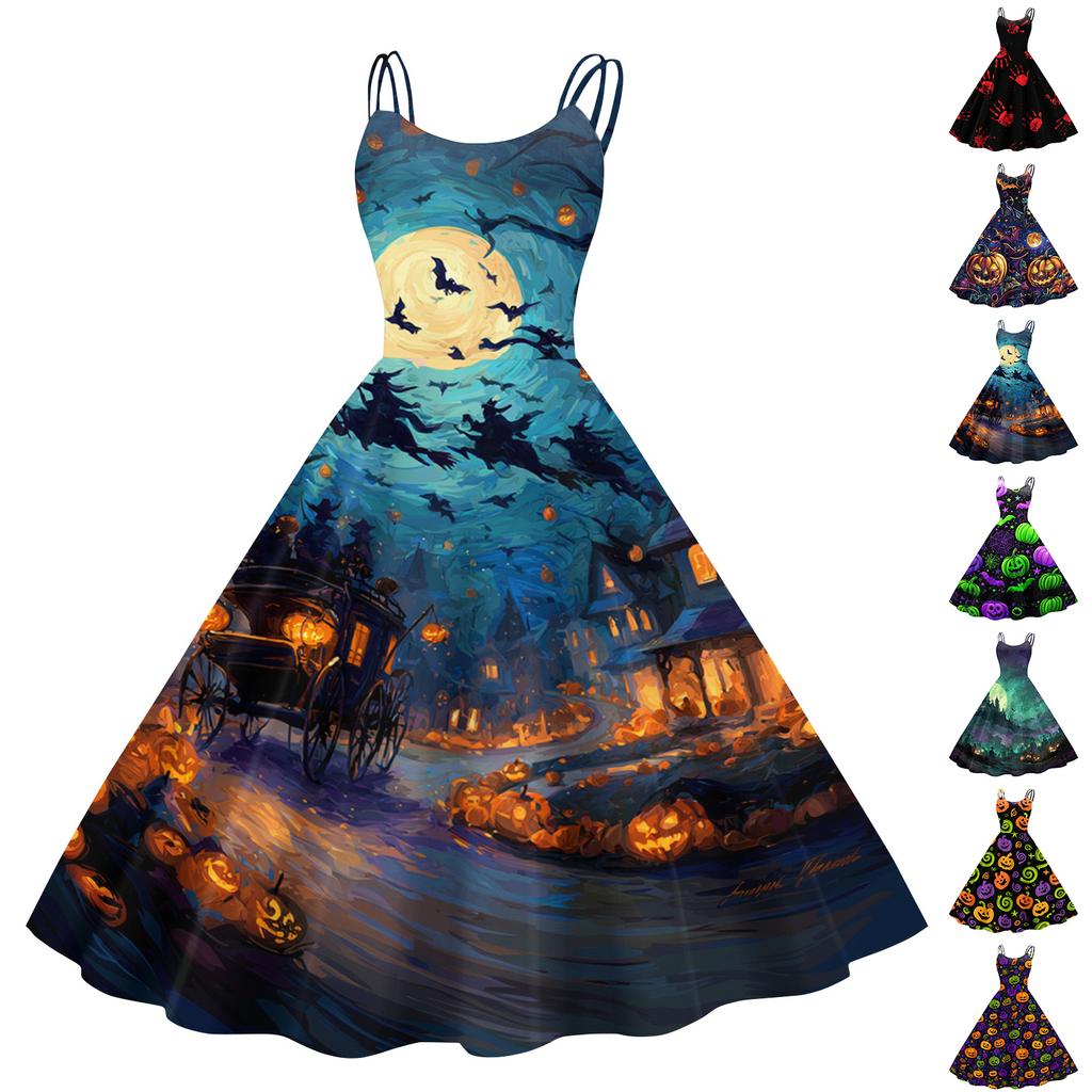 Women's Halloween Print Off Shoulder Vintage Punk Dress Sleeveless Spaghetti Strap Midi Dress with Full Skirt for Costume Party