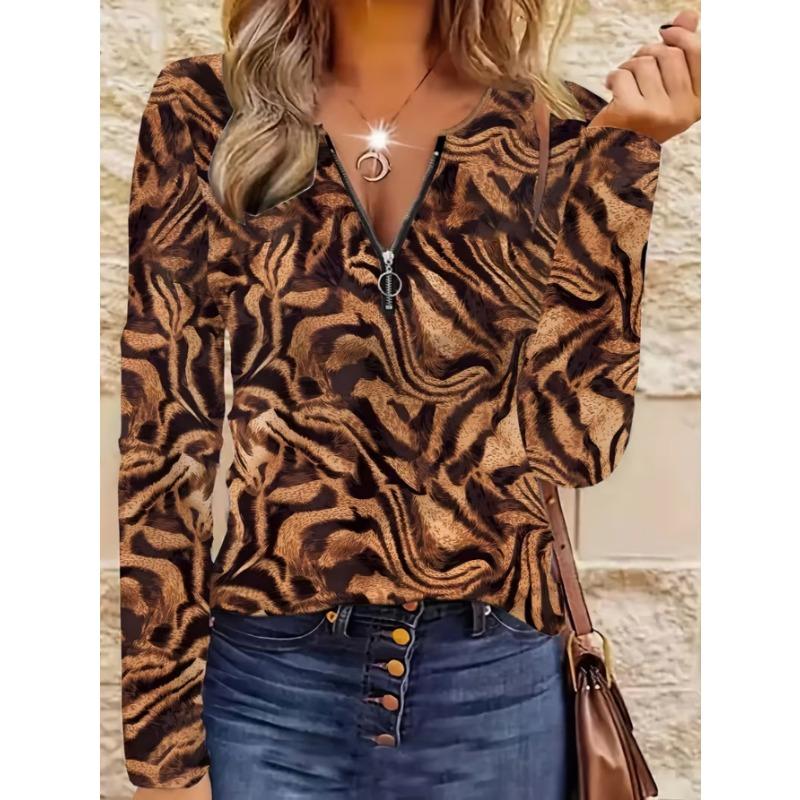 Elegantes Damenoberteil mit Reißverschluss und Print, langärmelig, stilvoll und vielseitig für Herbst und Winter, Freizeit- und Bürokleidung, maschinenwaschbar