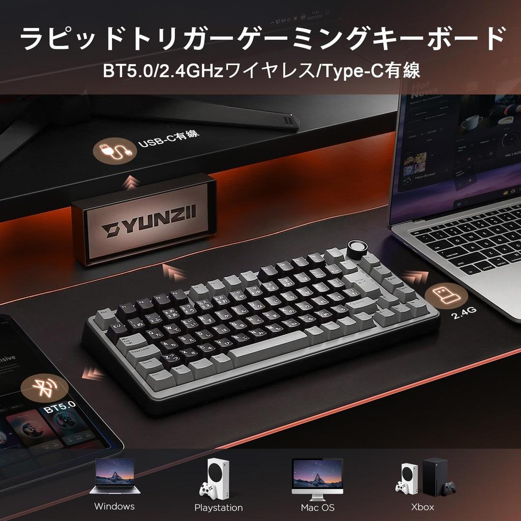 YUNZII RT75 Gatilho Rápido Sem Fio para Jogos Sensor Hall Japonês Magnético 8000Hz Polling Três Modos Retroiluminação RGB Gateron Silky Pro Teclado, Layout,