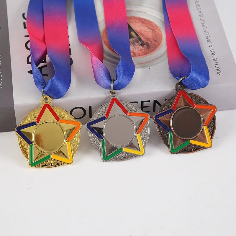 1 st Flerfärgad Femstjärnig Medalj Med Färgat Band Guld Silver Koppar Färg Medalj För Olika Tävlingar Souvenir Tomma Medaljer