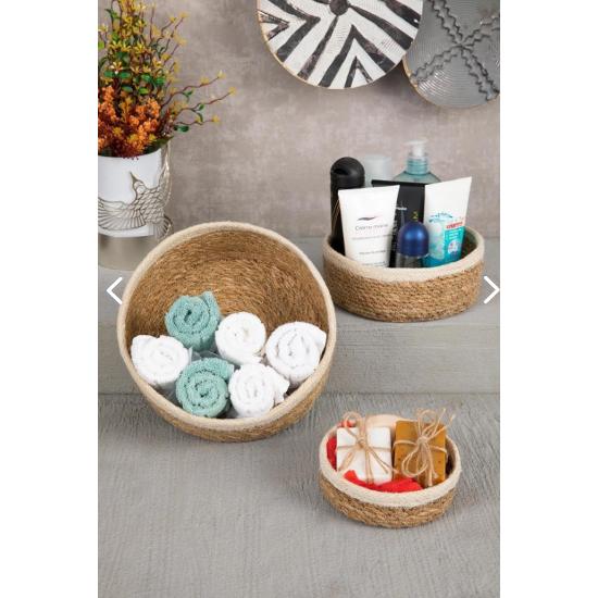 

Naturel Hasır Sepet Organizer, Banyo Organizer, Beyaz Şeritli 3 Boy