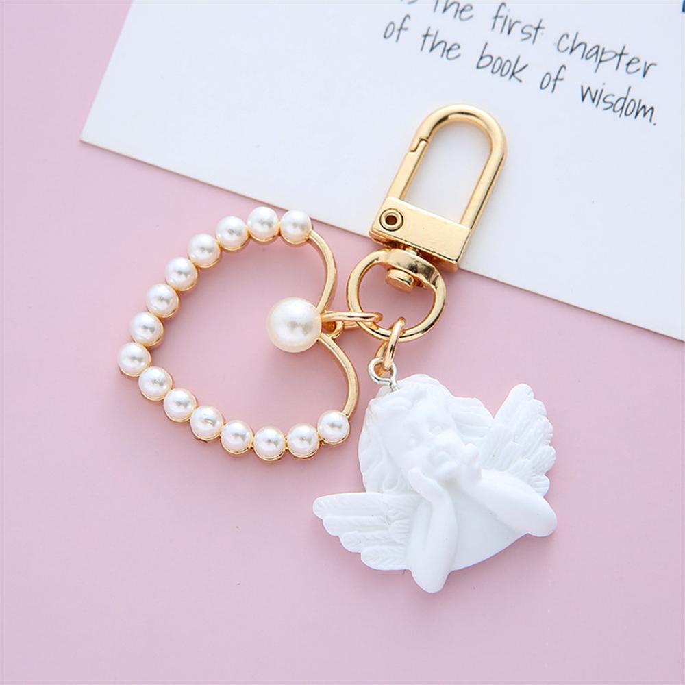 Creative White Angel Keychain Vintage Mini Pearl Keyring Gold Color Car Key Holder Bag Charms Accessories Holiday Gift For Women