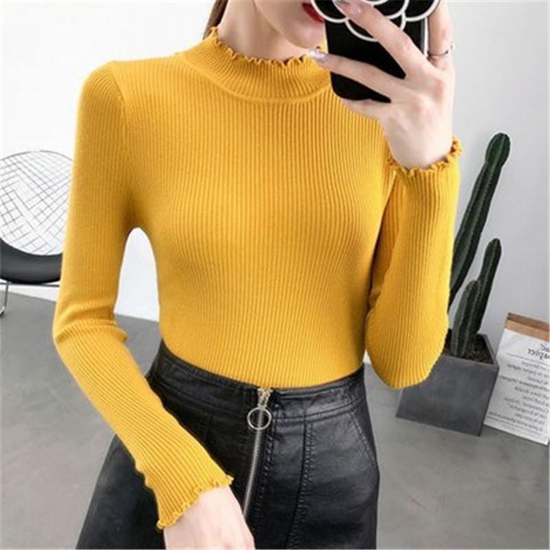 Fit Slim Spring Autumn Knitted Pullovers Women Long Sleeved Ruched Knit Tops Half High Collar Knitting Sweater