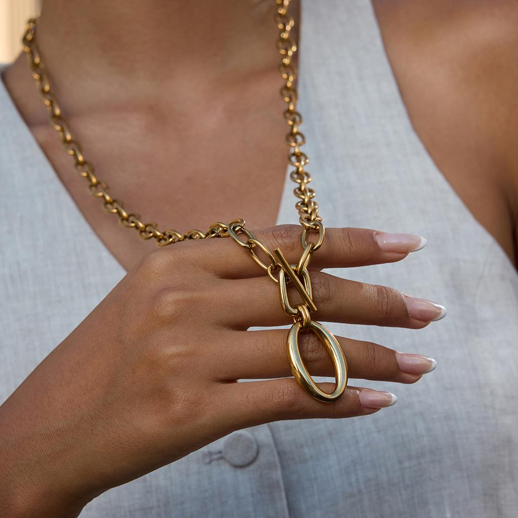 Youthway Minimalist Style Splice Chain Design Necklace Stainless Steel  Gold Color O Shape Pendant Ot Clasp Women'S Necklace