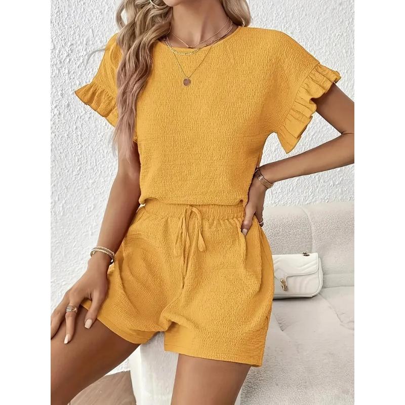 Women's Vacation Fashion Casual Shorts Suit Solid Summer Shorts and Top Two Piece Sets Fashion Fold Texture Outfit Woman Clothes