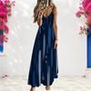 Women Plus Size Spaghetti Strap V Neck Sleeveless A Line Blue Black Printed Long Dress