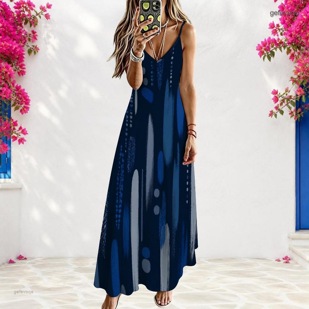 Women Plus Size Spaghetti Strap V Neck Sleeveless A Line Blue Black Printed Long Dress