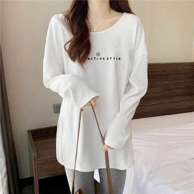 

Women s White Ribbed Long Sleeve Base Layer Top - Winter Loose Fit, Designer Style with Slit, Covers Buttocks, Top 6479 S белый