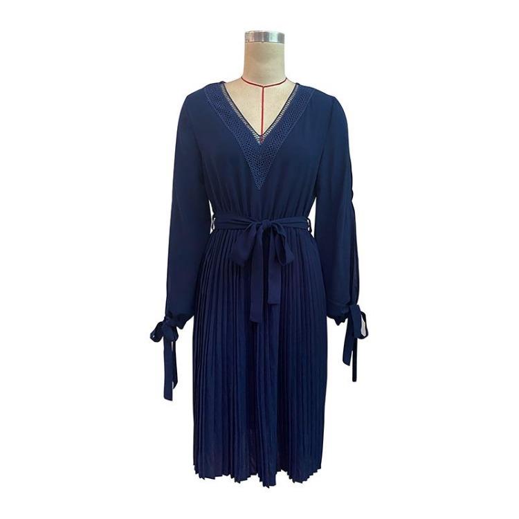 Elegant Hollow Out Long Sleeve V Neck Solid Color Dress for Women Fashion Long Dress Spring Autumn