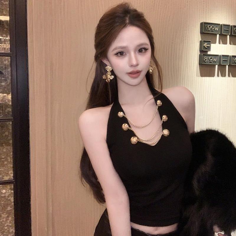 Summer Women'S Sexy Metal Chain Decoration Halterneck Sleeveless Slim Camisole
