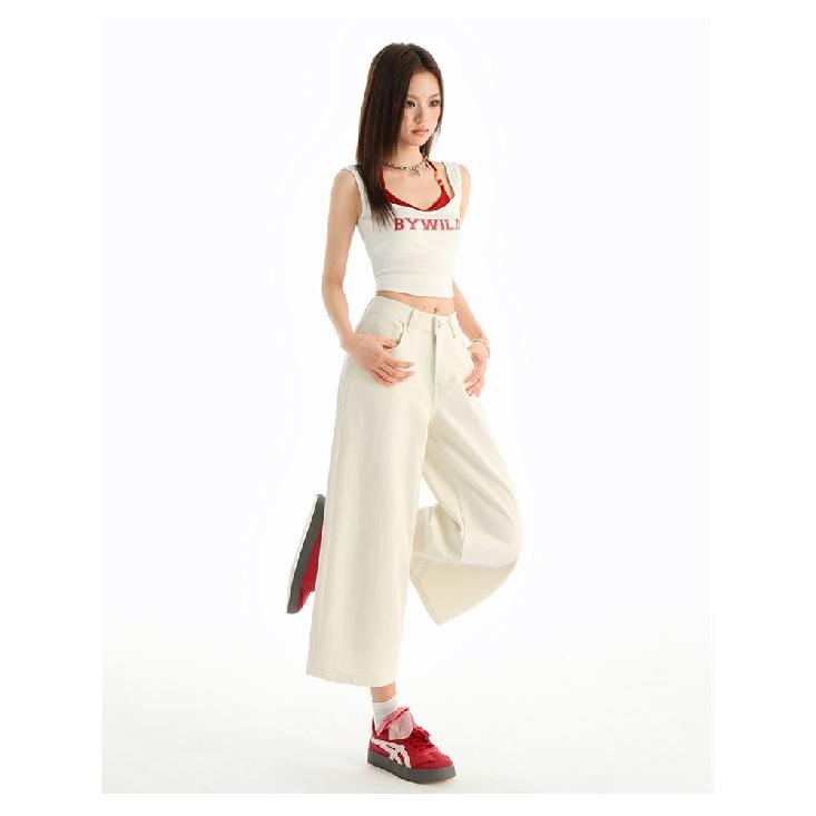 High Waist Calf-Length Denim Pants Women'S Retro Washed Harajuku Wide Leg Jeans Casual Loose Y2K Streetwear Mid Long Denim Jeans