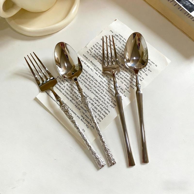 Stainless Steel Long Handle Spoon Dinnerware Set Western Steak Cutlery Ice Pattern Spoon Fork Tree Bark Pattern Small Waist