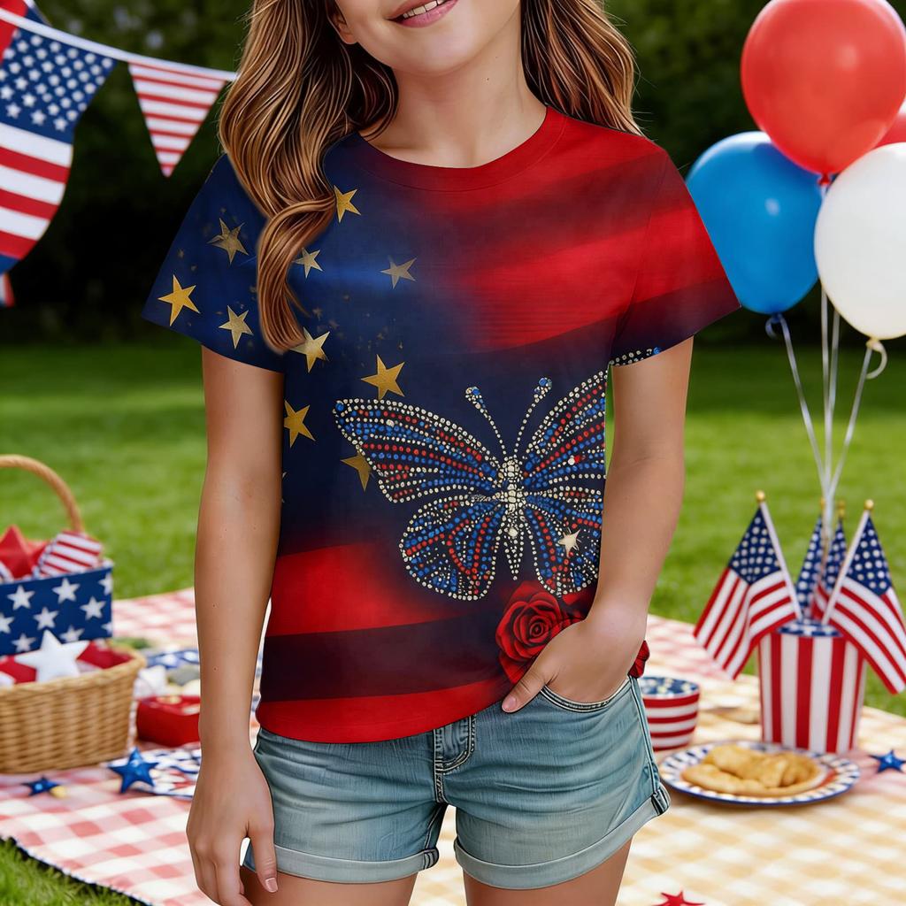 Kids Independence Day Print Round Neck Short Sleeve Casual T-shirt