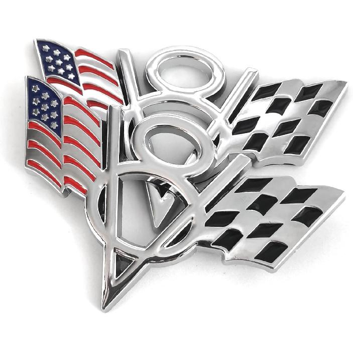 PTDecals 2 Pcs Silver Metal US Flag F1 Racing V8 Symbol Emblem Sticker Badge Vehicle Auto Car Trunk Tailgate Boot Bumper Decocation Decal