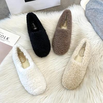 Luxus Lammwolle Mokassins Femme Winter Baumwollschuh Damen Warm Plüsch Loafers Bequeme Lockige Schafwolle Flats Frau Große Größe 40-43