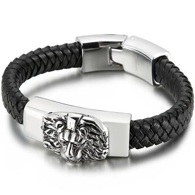 Gothic Animal Jewelry 316L Stainless Steel King Lion Head Bracelet for Men Men's Braided Leather Cuff Wrap Bracelets Wristband