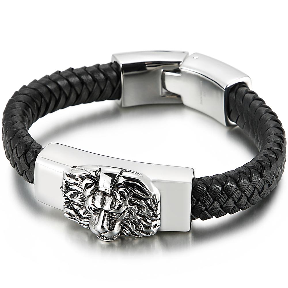 

Готическая бижутерия с животными Браслет из нержавеющей стали 316L с головой короля-льва для мужчин Мужские плетеные кожаные браслеты-манжеты Браслет на запястье 22CM серебряный