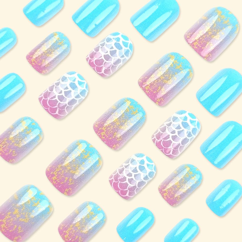 24Pz Unghie Finte Quadrato Medio Estate Unghie Press-On Unghie Acriliche Moda Gradiente Glitter Scaglie di Pesce Pattern Unghie Finte Manicure Per Donne