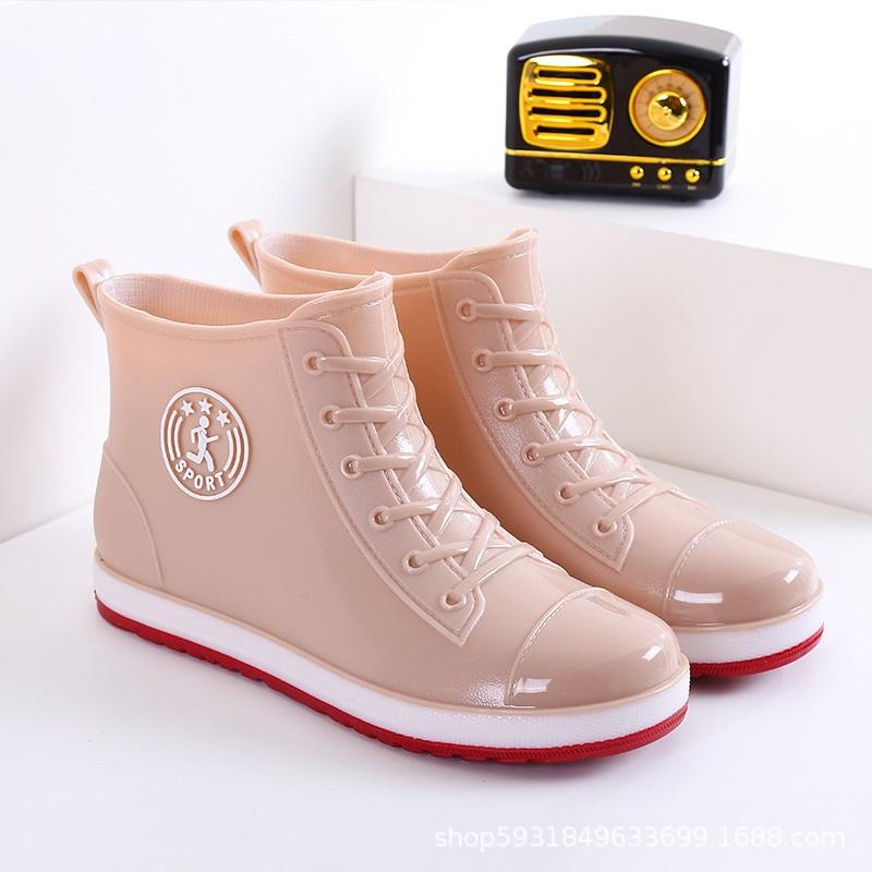 Women Ankle Rain Boots Lace Up Canvas Style Waterproof PVC Rubber Wellies Non Slip Casual Short Rain Shoes