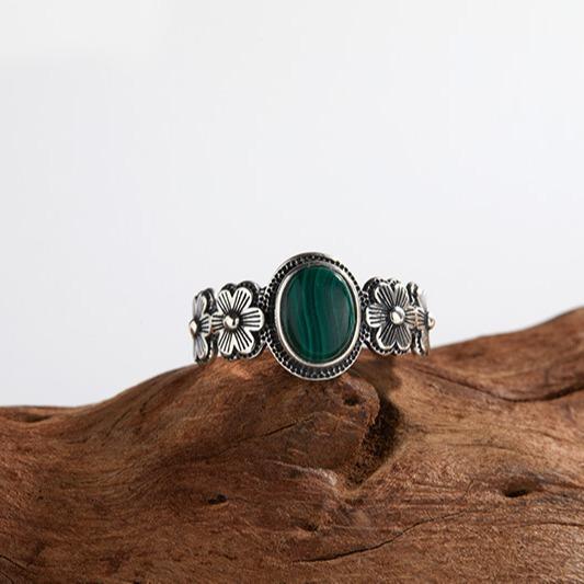 Vintage Thai Silver Egg Surface Colored Treasure Ring S925 Sterling Silver Inlaid With Natural Malachite Flowers Light Luxury Ring Women
