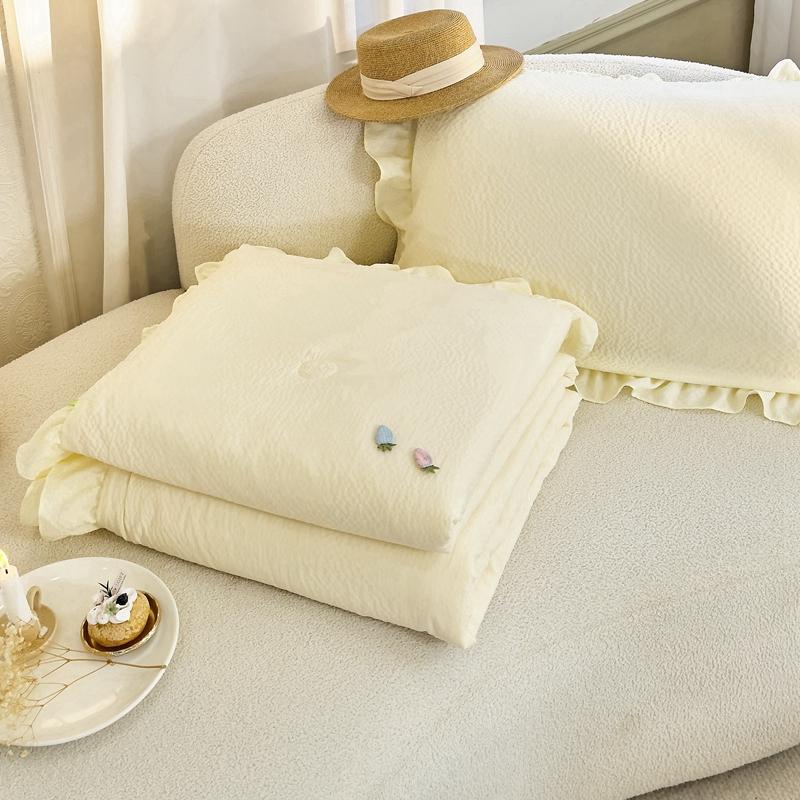 1Pc Solid Color Cool Feeling Summer Quilt Korean Style Ins Ruffle Edge Air Conditioning Thin Comforter Home Queen Size Bedding