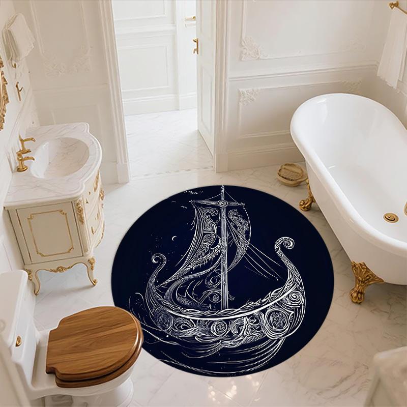 Viking Ship,Round Area Rug,Carpet Rug for Living Room Bedroom Sofa Playroom Decor,Non-slip Floor Mat