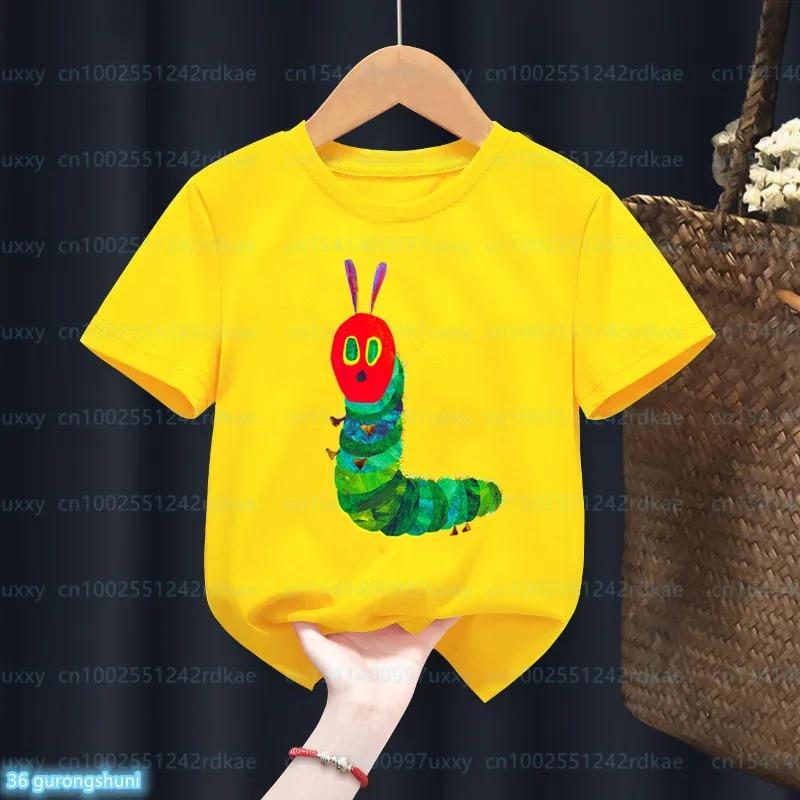 Newly Kids T-Shirt Funny The Very Hungry Caterpillar Cartoon Print Tshirts For Boys Summer Cute Boys/Girls Yellow Tshirt Top
