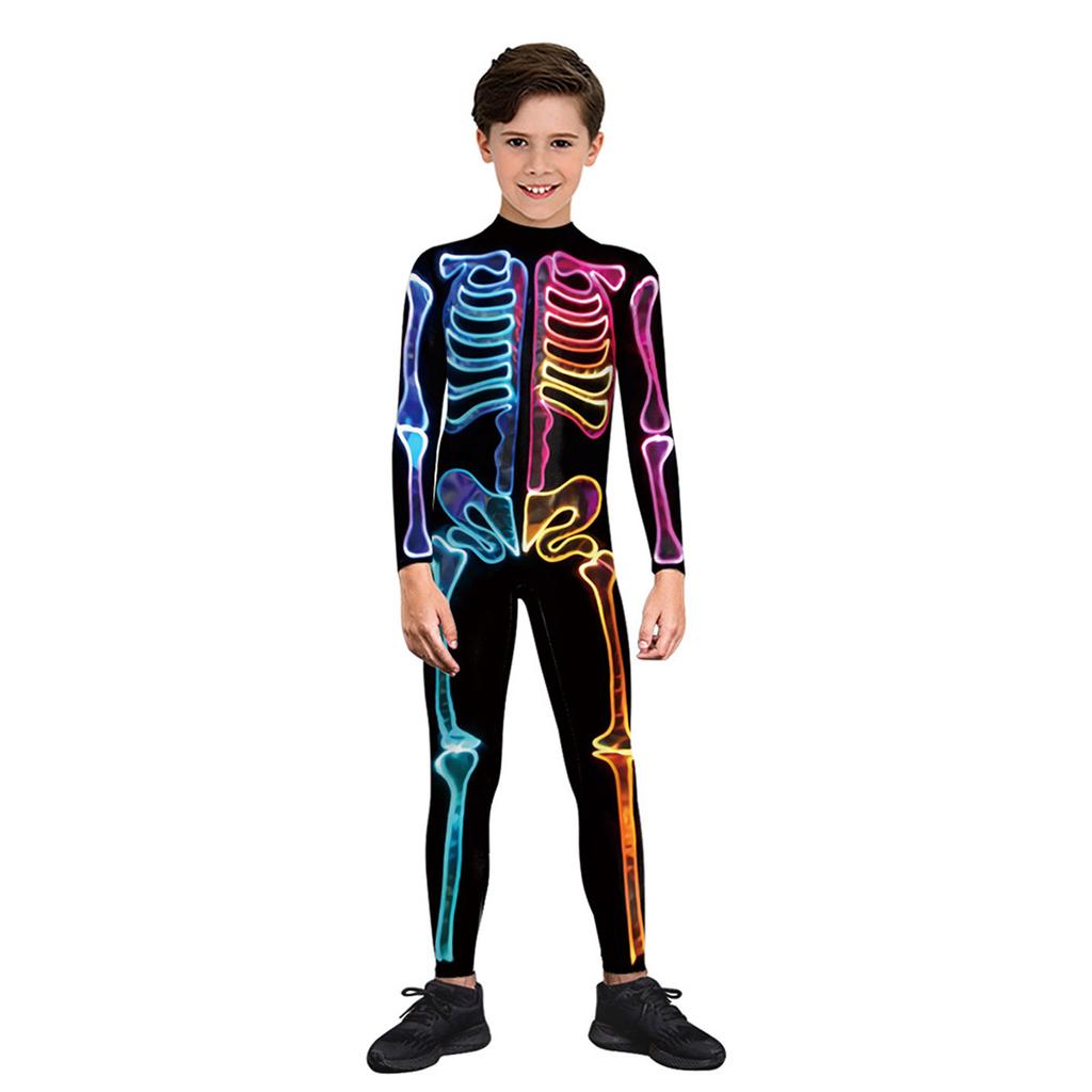 (Projector)Children's Halloween Creative Skeleton Digital Print Children's Performance Jumpsuit