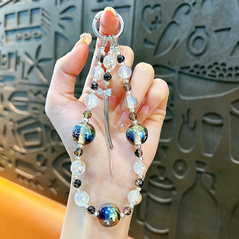 Flash Beaded Mobile Phone Chain Crystal Bow Key Bag Lanyard Pearl Mobile Phone Lanyard Small Gift