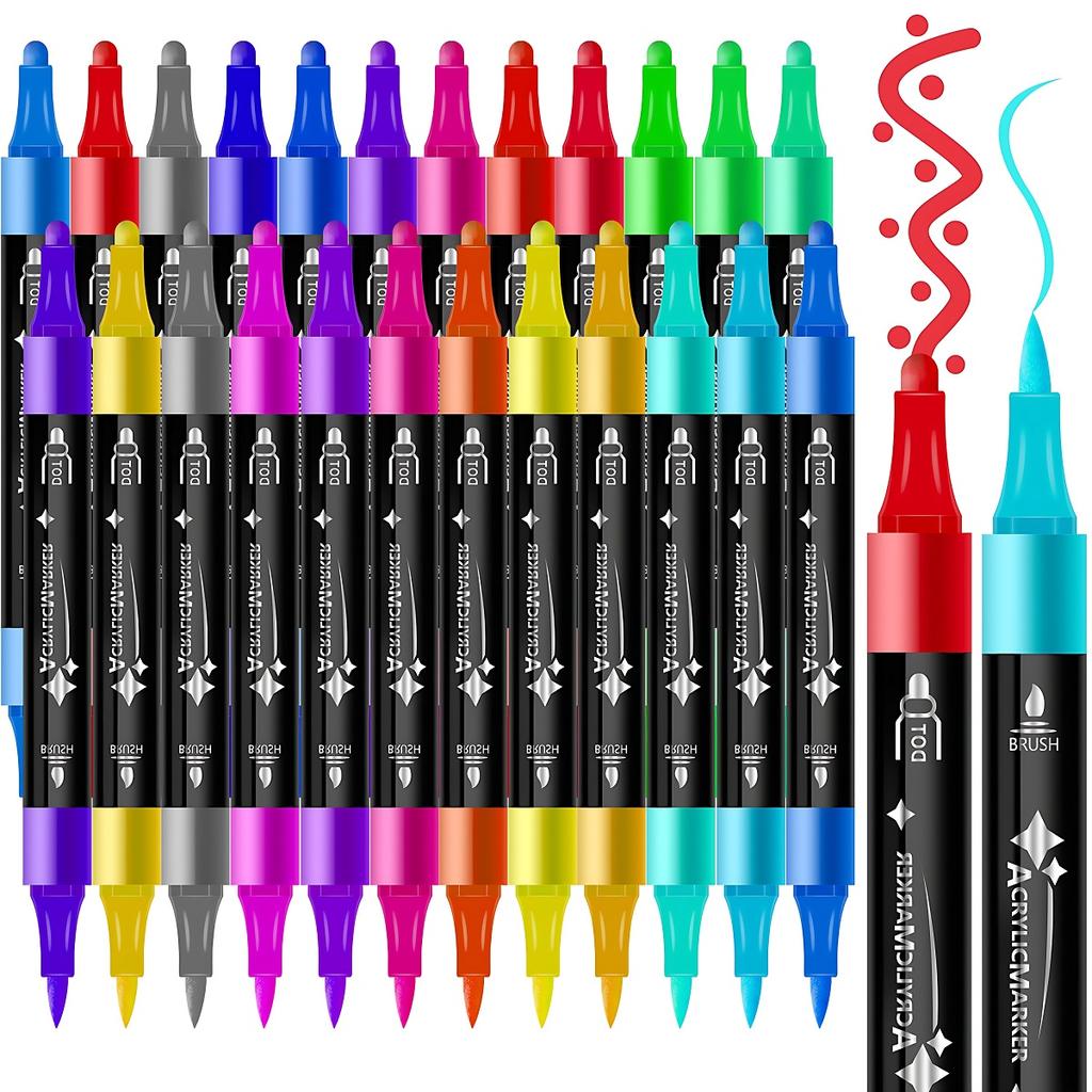 24 Colors Dual Tip Acrylic Paint Markers Set Brush & Dot Tips Waterproof No Bleed Paint Pens for Rock Canvas DIY Art Craft