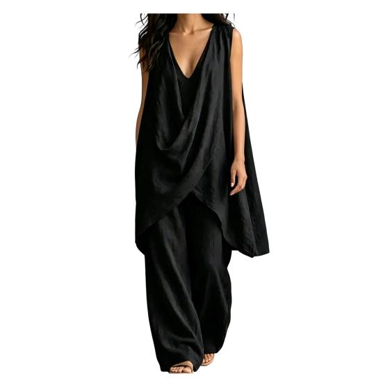 2 Piece Sets for Women, Irregular Hem Casual Sleeveless V Neck Top And Wide Leg Pants Summer Lounge Matching Outfits