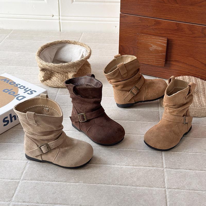 Kids Girls Retro French Style Suede Slouchy Mid Calf Slip On Boots