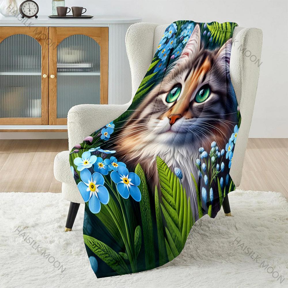 Mehrgrößen-Katze mit blauem Blumenmuster Decke Flanellmaterial Weich Warm für alle Jahreszeiten Zuhause Outdoor Camping Picknicks Wohnmobil