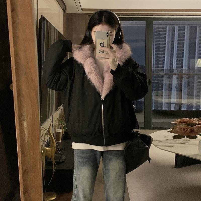 Street Style Cotton-padded Jacket, Fur, Short Cotton-padded Coat, Women's Winter Hooded, Cotton-padded Clothes On Both Sides, Warm and Thickened Coat