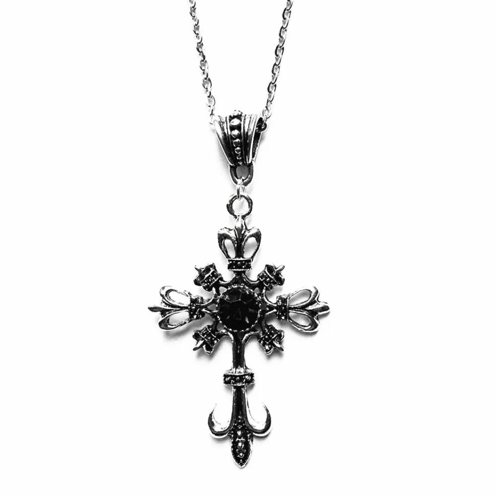 Gothic Punk Sliver Color Ship Anchor Cross Black White Crystal Pendant Necklace for Women Hip-hop Rock Jewelry Accessories Gifts