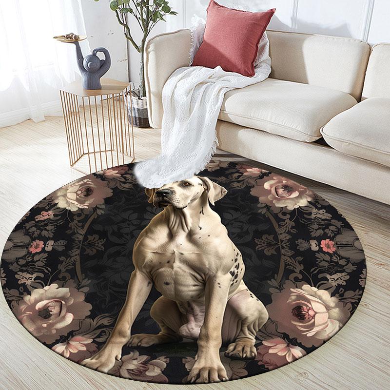 Dogs & Vintage Flowers Pattern Round rug,Carpet Rug for Living Room Bedroom Playroom ,Non-slip Floor Mat,Holiday Gifts and Birthday Gifts.