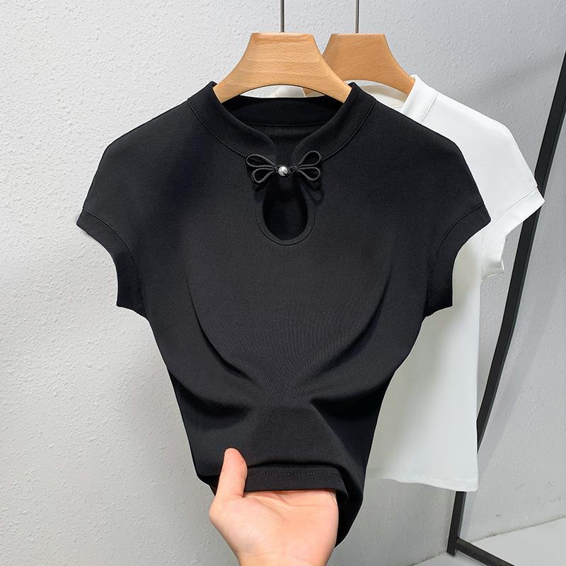 Tricou cu mâneci scurte cu guler în picioare pentru vara pentru femei Tricou nou pentru femei, cu mâneci uni, din bumbac, Top cu nasturi în stil chinezesc