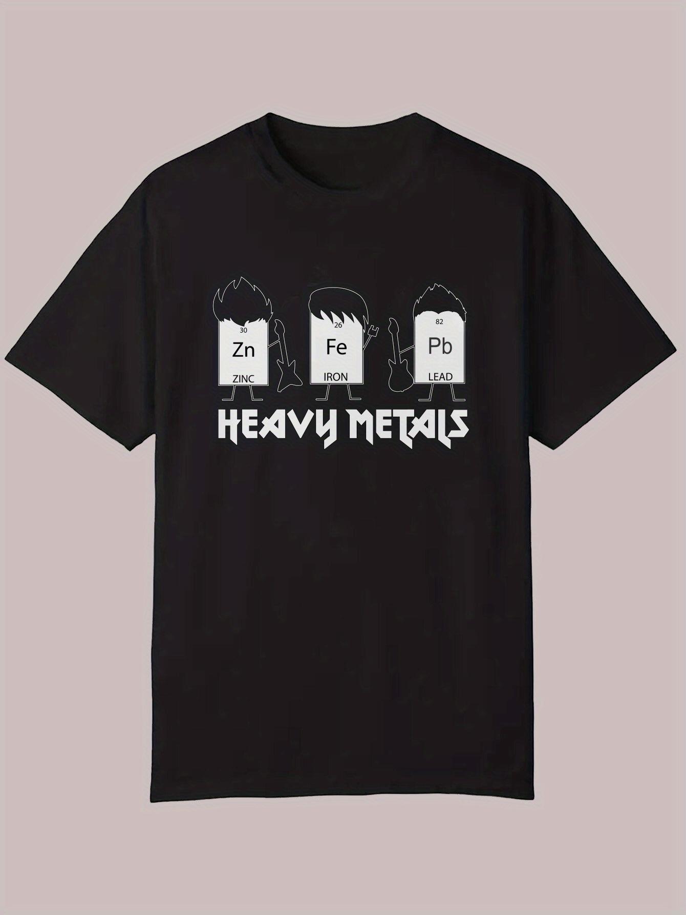 

Science Humor Graphic T-shirt - Heavy Metals Periodic Table Design with Cartoon Characters L