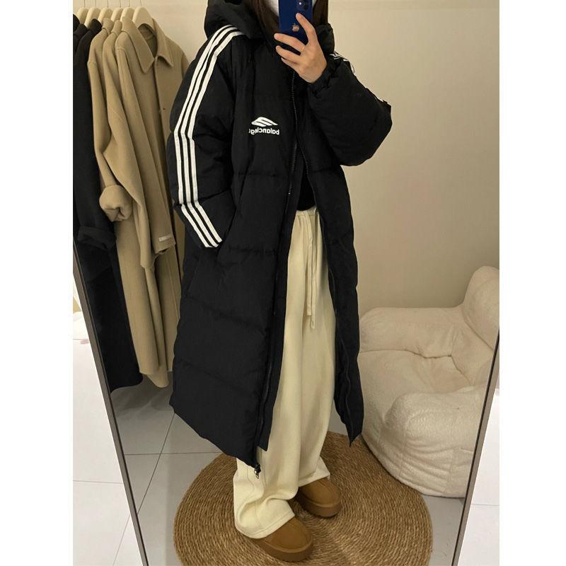 

Осень и зима новые утолщенные стеганые куртки выше колена с капюшоном пара стеганые куртки стеганые зимние женские длинные модели S чёрный