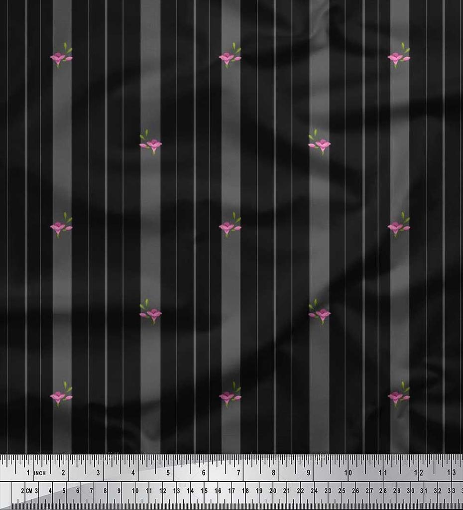 Soimoi Japan Crepe Satin Fabric Artistic Floral & Stripe Fabric Prints By metre 42 Inch