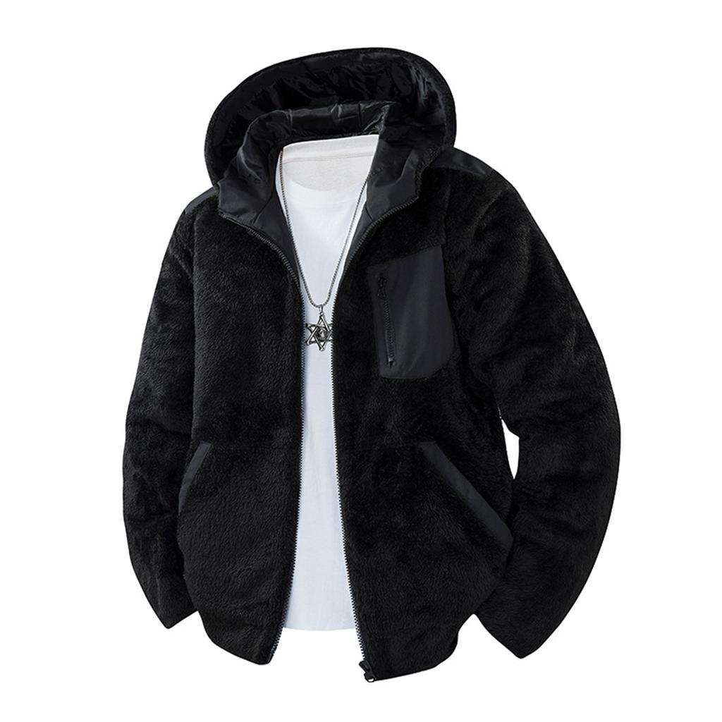 Men's Stand Collar Hooded Lambskin Casual Jacket Cardigan Coat Outdoor Tops