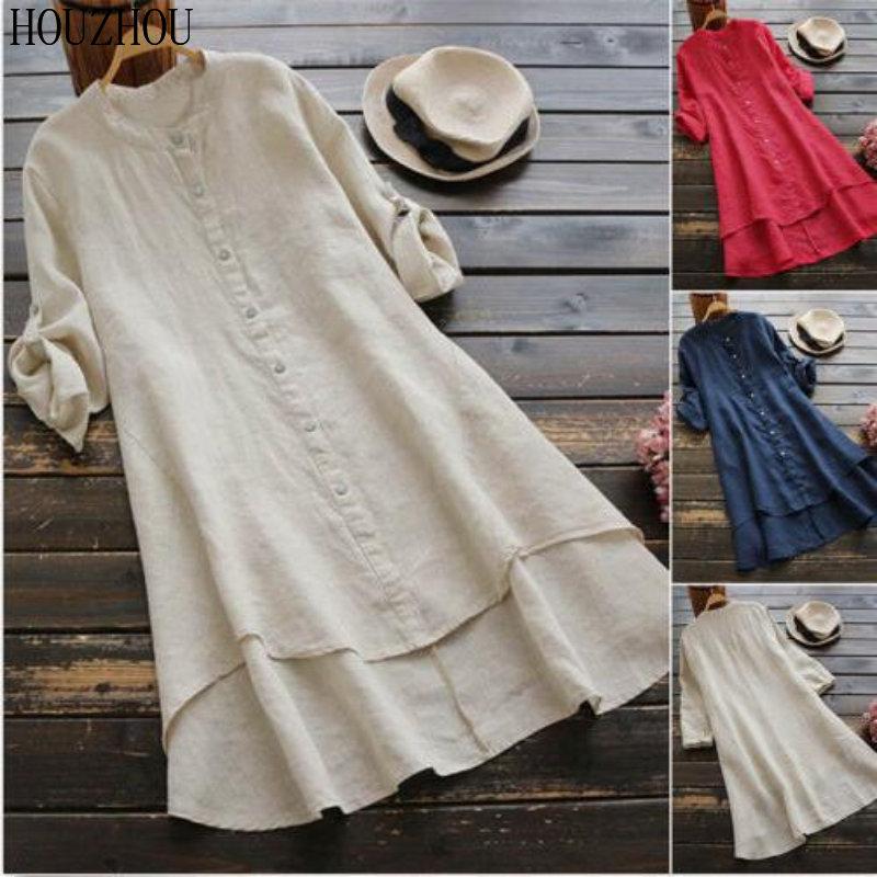 HOUZHOU Solid Cotton Linen Shirt Women Button Round Neck Long Sleeve Shirt Elegant Basic Office Ladies
